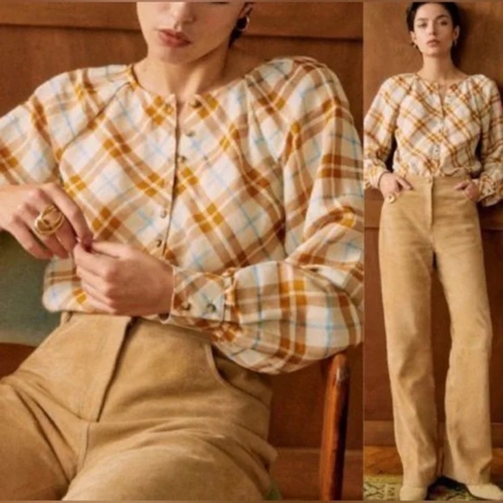 Sezane Amya Shirt Camel Check / Sky Blue - Size 6